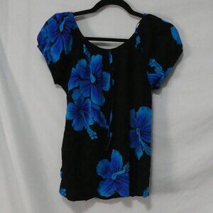 FAVANT HAWAII Blue Hibiscus Floral Black Blouse Top - Size Small NWOT